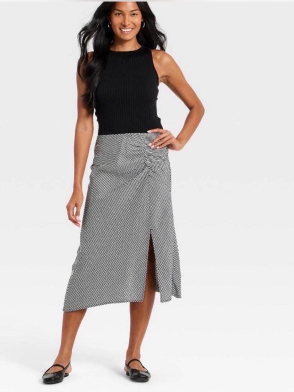 NWT Women's A New Day Midi Asymmetrical Skirt Black Gingham Sz XS